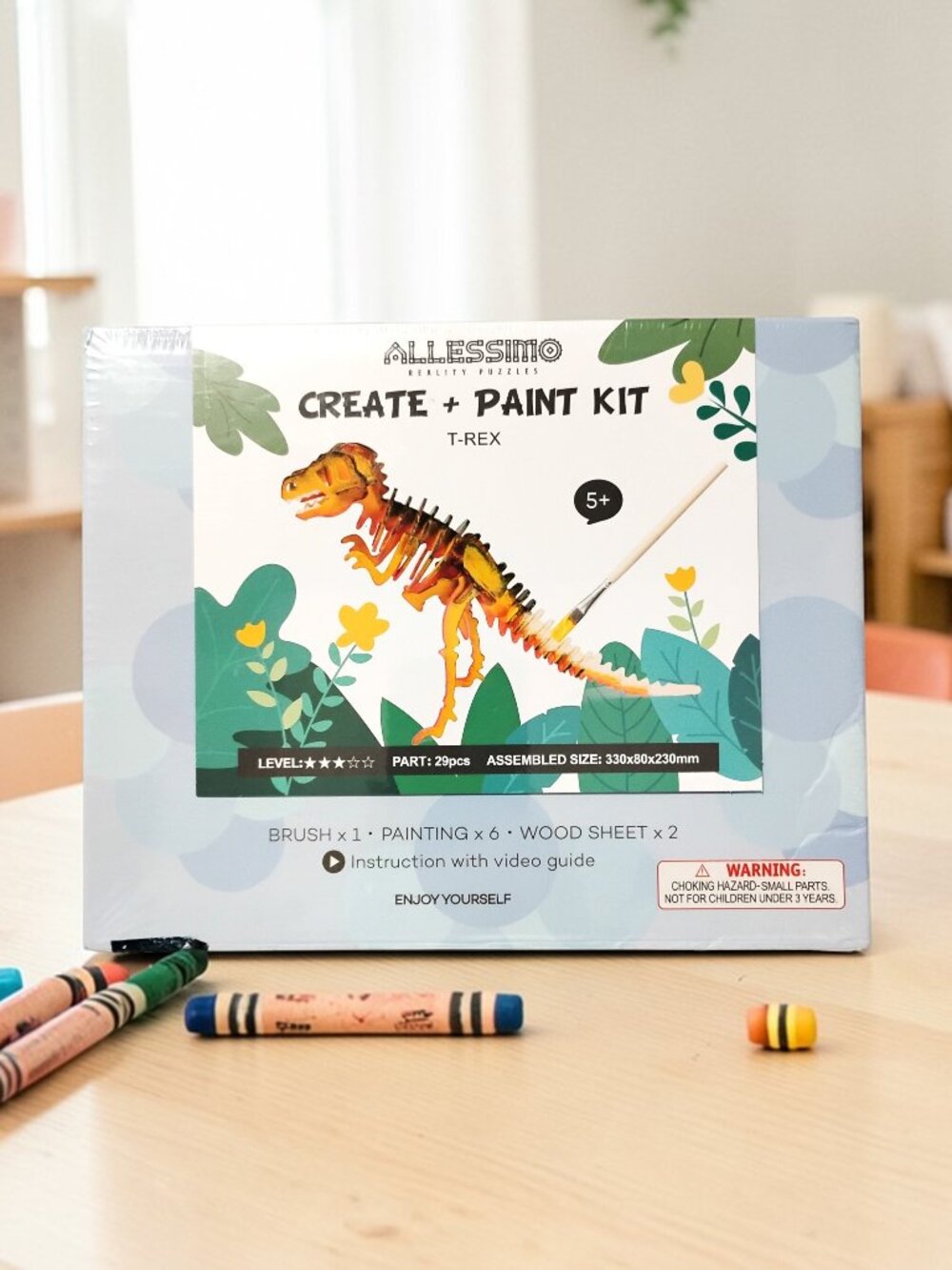 Allessimo Create+Paint T-Rex 3D 29 Pc Wood Puzzle w/Instuction Video Guide